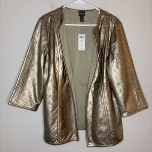 CHICO'S Travelers NEW Perforated Jacket Women L Gold 3/4 Sleeve Open $129 retail